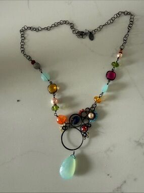 Anna Balkan - Multi-Bead Pendant Necklace - Aqua Teardrop